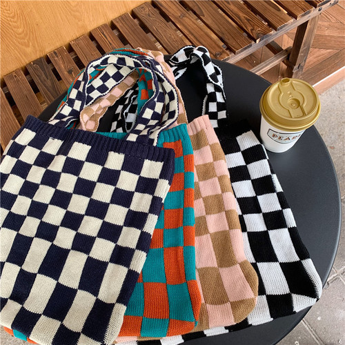 110281 Knitted checkerboard bag for women autumn and winter new casual tote bag large capacity portable canvas bag ins