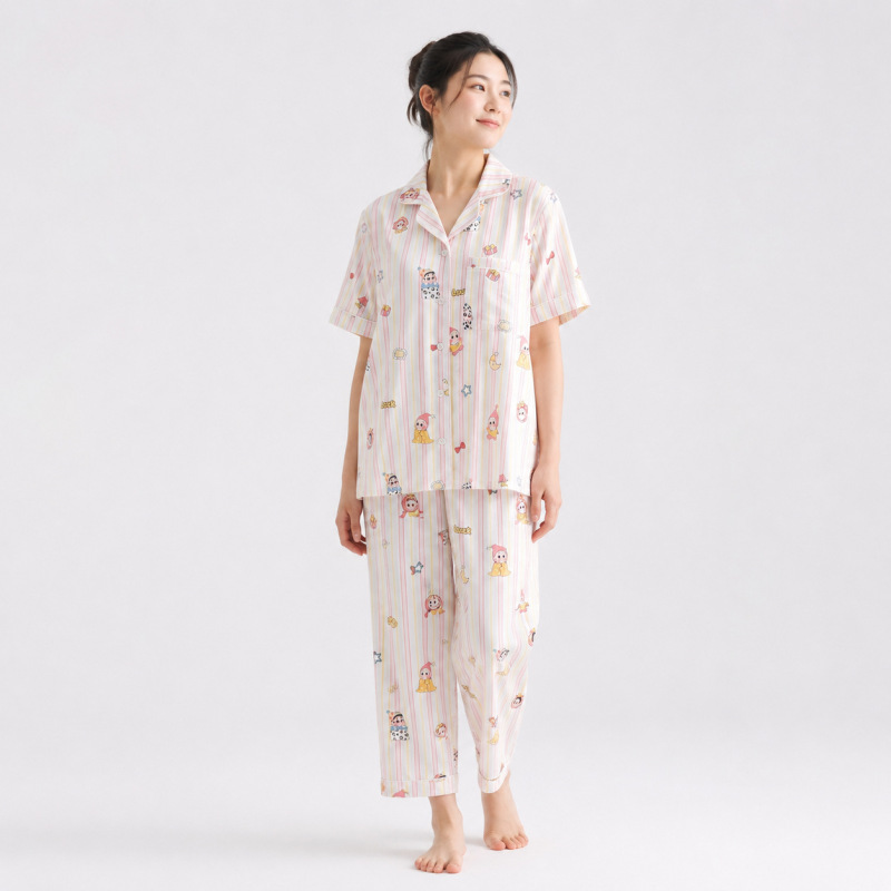 100% Pure Cotton Double-Layer Gauze Pajamas with Pockets, Cartoon Alien Design, Women's Short-Sleeve Long Pants Striped Print Loungewear