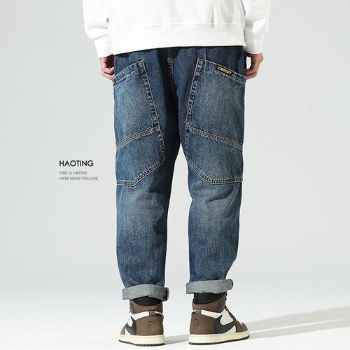 Monte Carlo Japanese workwear jeans for men, loose fit, trendy brand with multiple pockets, straight-leg long pants, American-style men's casual pants, fashionable