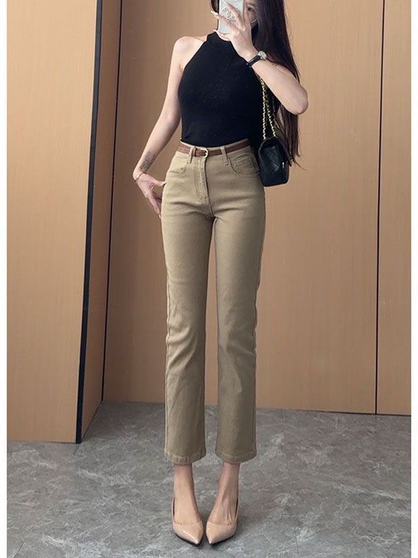 经典卡其色老钱风直筒牛仔裤女秋冬加绒高腰弹力九分裤烟管裤