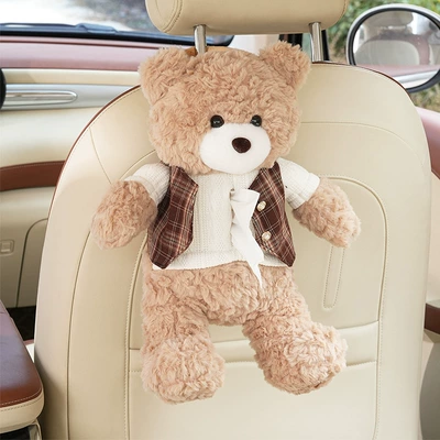 Cute Cartoon Car Tissue Box, High-End Tissue Hanging Bag, Creative Doll Car Hanging Tissue Box (Car tissue box/set) - rabbit-fur-embroidered-bear-tissue-box-khaki-vest