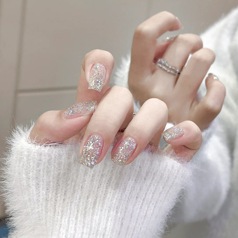 Spring and Summer Magic Mirror Powder Flash Pure for Clear and Clear Advanced Simple White Manicure Short 24 Pieces Wearable Nail Patch