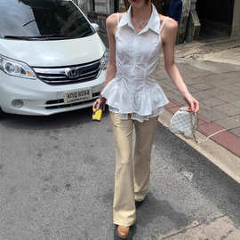 法式白色无袖挂脖衬衫女夏季2025新款短款蝴蝶结蕾丝拼接露背上衣