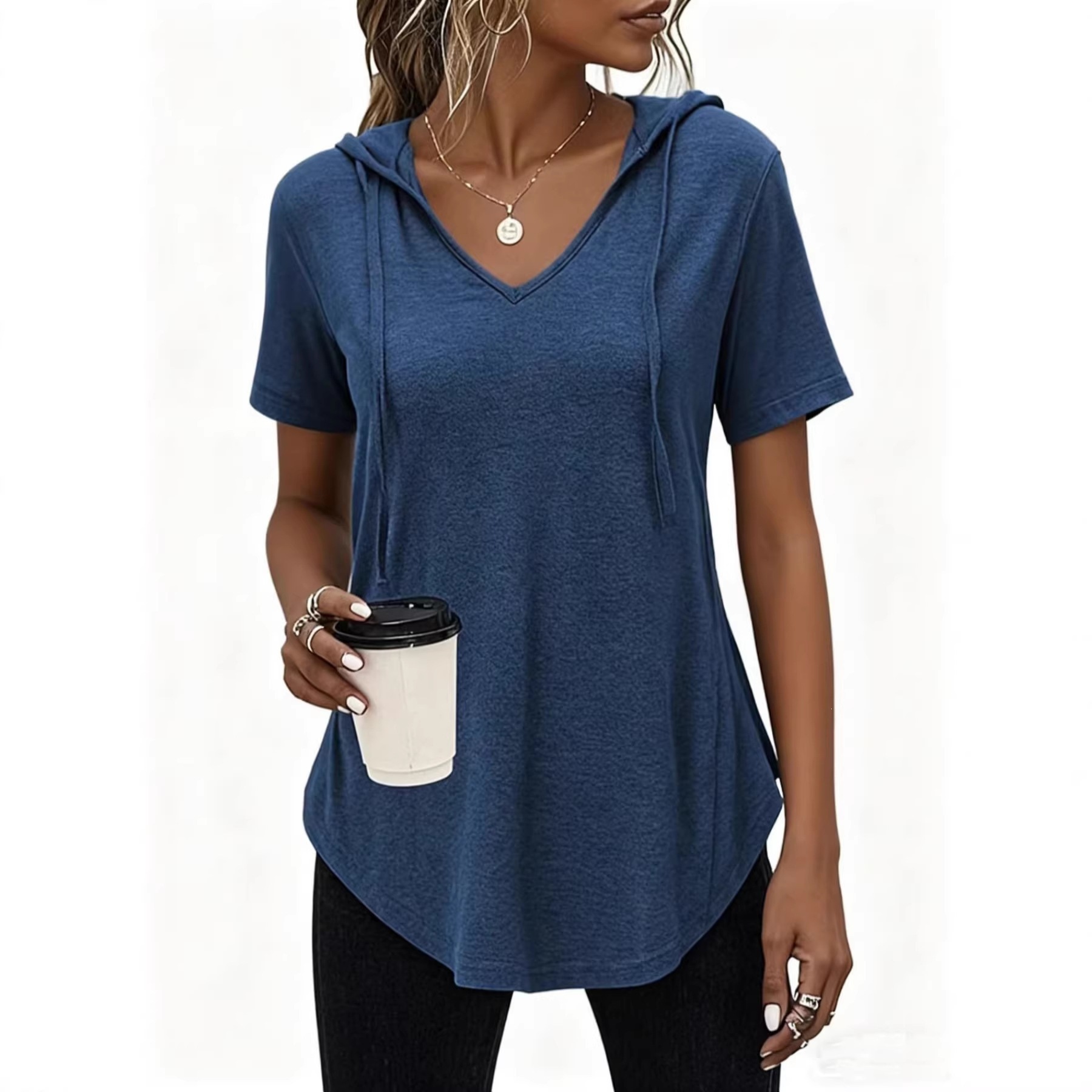 2026 Spring And Summer European And American Maternity Wear New Foreign Trade Fashion Break V-neck Hooded Women's Top T-shirt_ecoleips.com