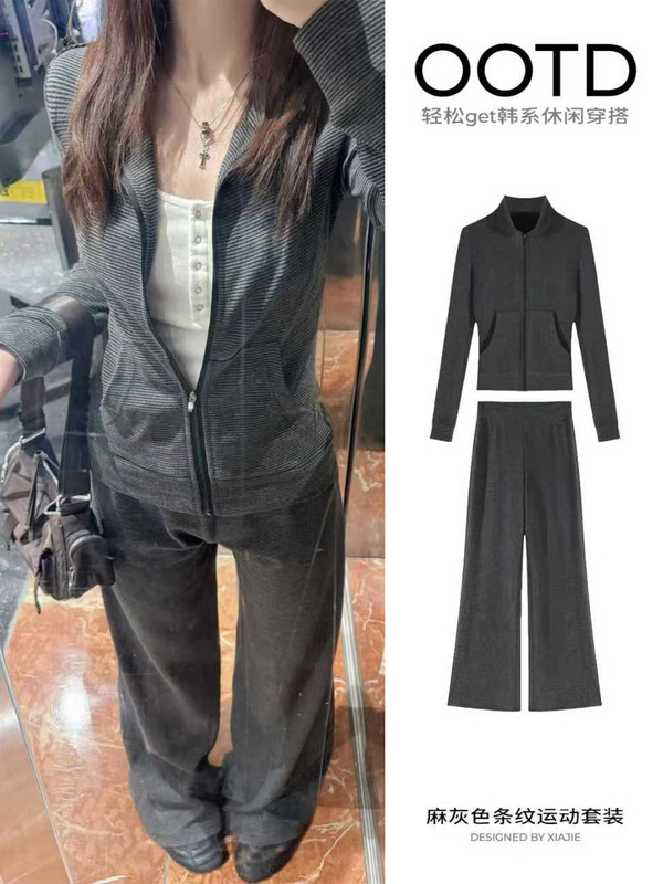 灰色细条纹休闲运动套装女修身正肩上衣外套秋季2025新款老钱风|undefined