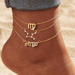 Cross-border best-selling summer beach 12 zodiac ankle chain set, Instagram vintage letter symbol diamond-trimmed three-piece set wholesale
