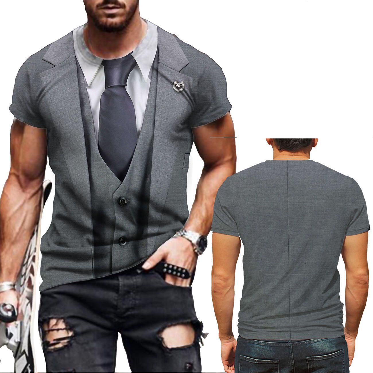 Camiseta suelta para hombre de verano europeo y americano traje de moda falso de dos piezas cuello redondo de manga corta proceso de impresión digital 3D