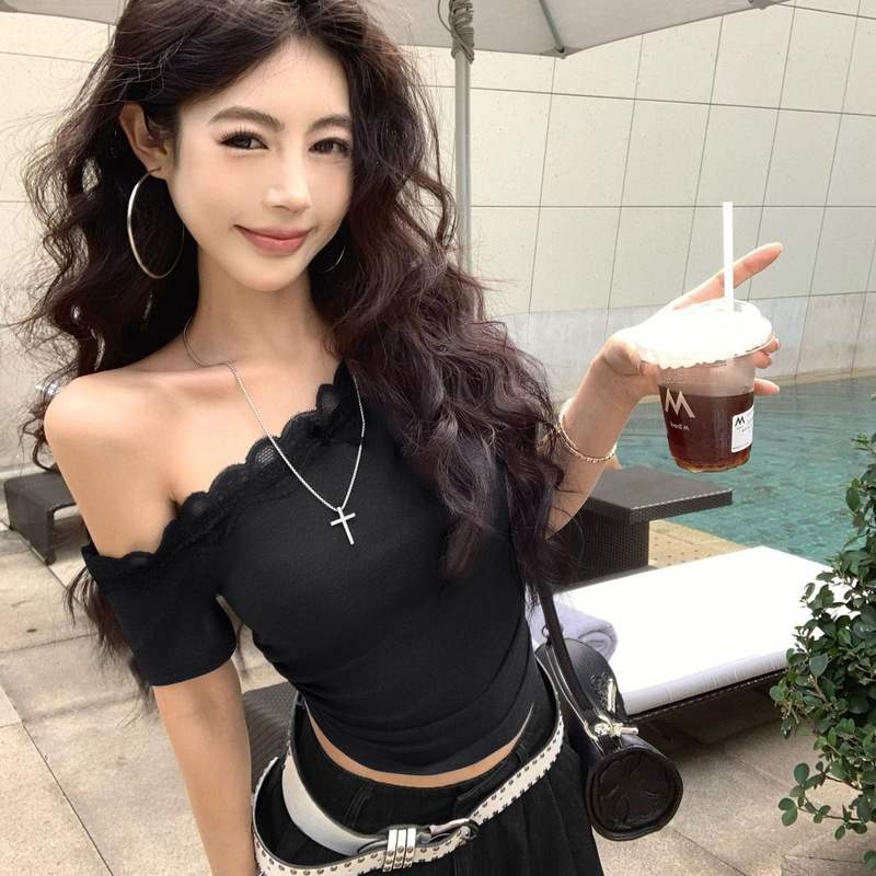Summer American-Style Spicy Girl Bow Lace Asymmetrical Shoulder Short-Sleeve T-Shirt for Women, Slim Fit, Short Pure Desire Off-Shoulder Top