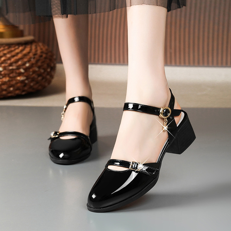 Sandal bít mũi nữ gót thô đi làm đế mềm da thật — Màu đen
