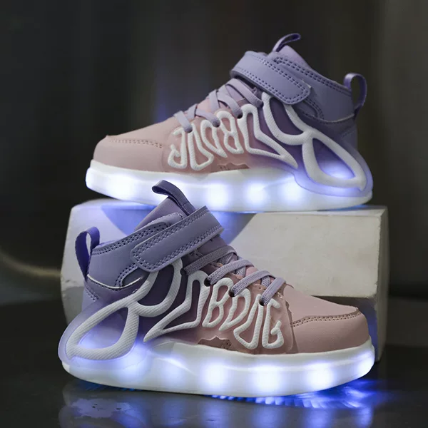 USB Rechargeable Cool Children's Buckle Sneakers for Boys and Girls, Fashionable Colorful Light-Up Shoes with Leather Surface