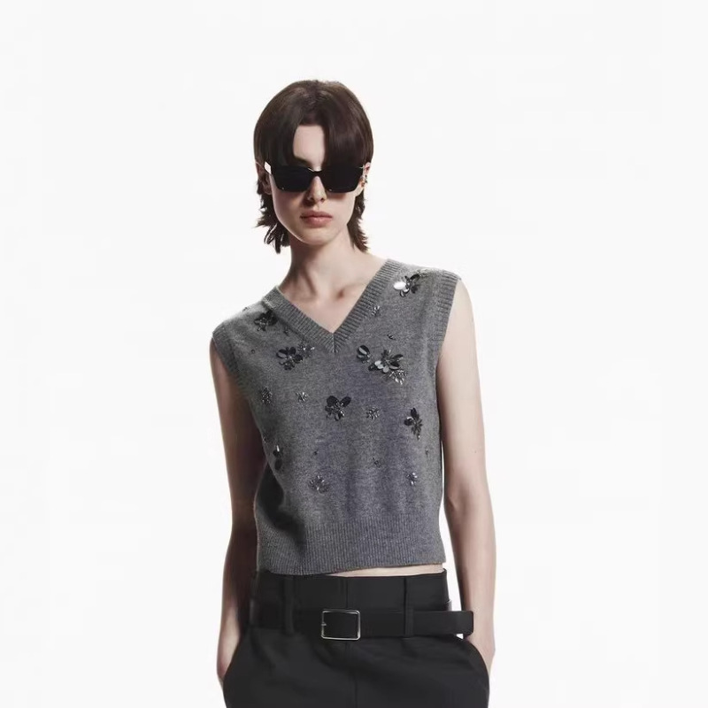 M&O New Autumn and Winter Sweater Vest Rock Mirror Sequin Studded Short V-Neck Sheep Wool Knit Vest for Women