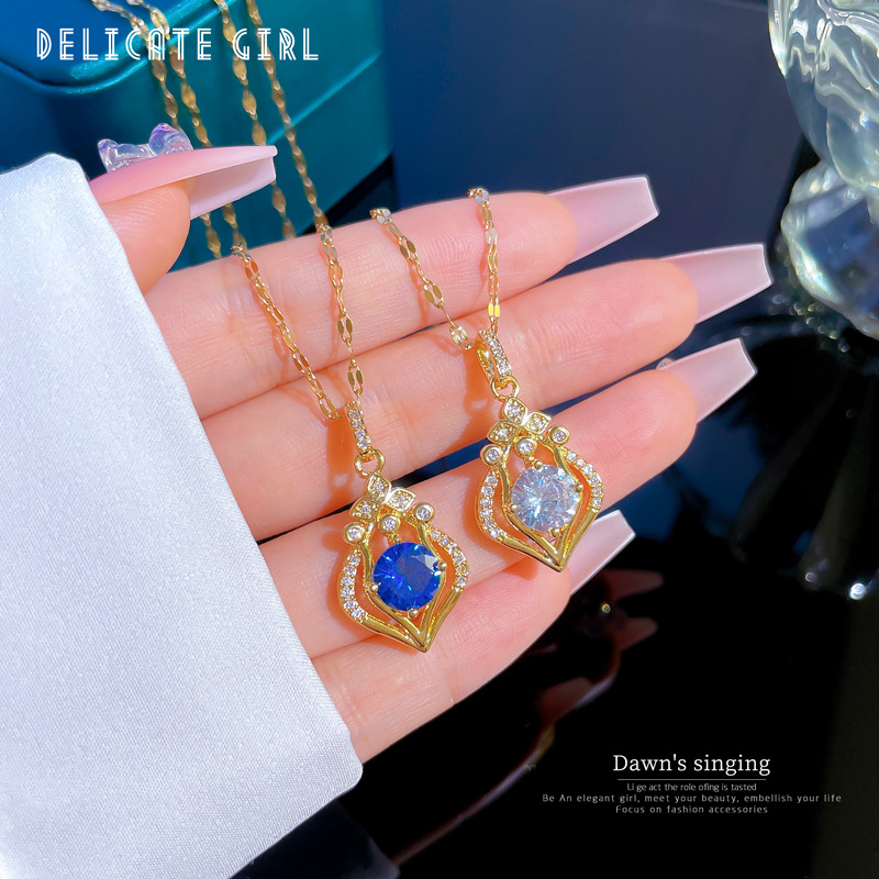 Damen Wassertropfen Halskette Mit Edelstein Aus Edelstahl Gold_voghion.com