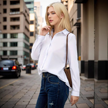 欧美潮流2025跨境外贸新品女装四季百搭休闲长袖衬衣翻领带袖带