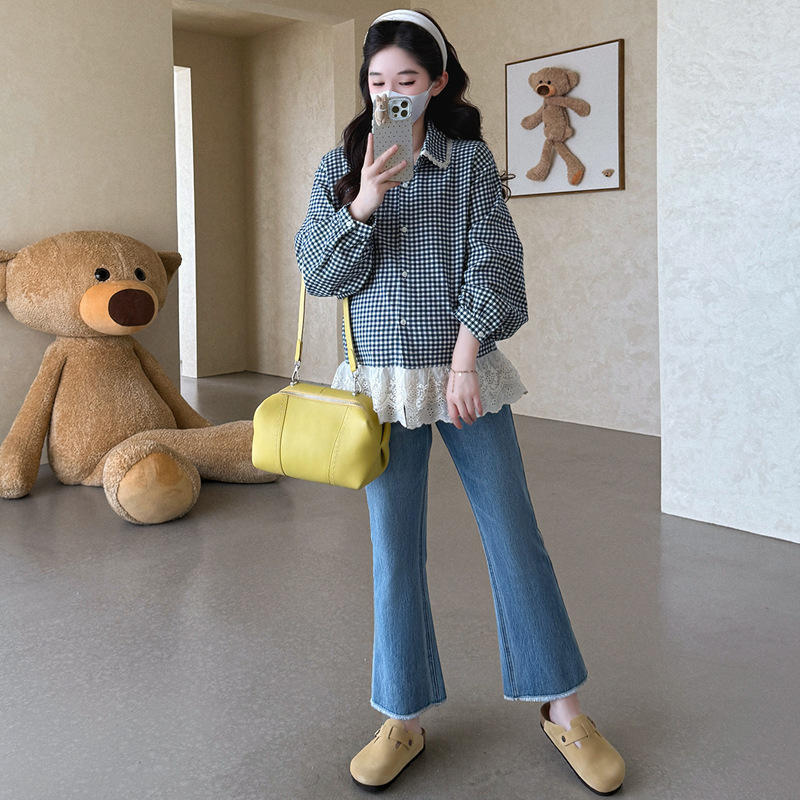 实拍现货 孕妇秋冬加厚磨毛面料 格子蕾丝拼接衬衫  宽松A摆上衣|undefined