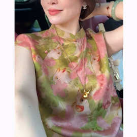 新中式国风衬衫女夏粉绿晕染花卉兔子印花立领斜襟宽松显瘦上衣薄