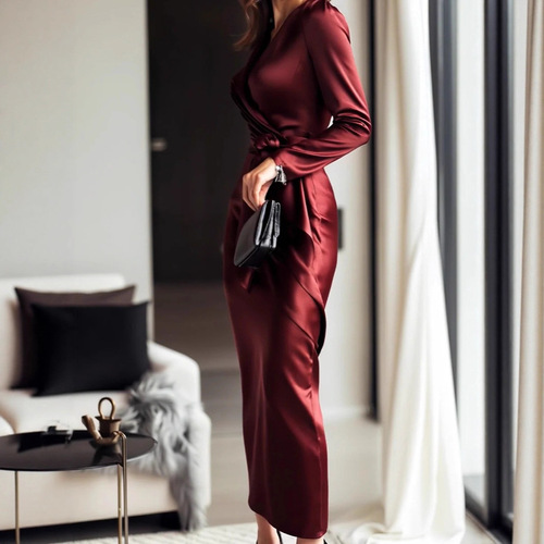 Autumn new style satin long-sleeved dress V-neck waist waist temperament elegant dress waist