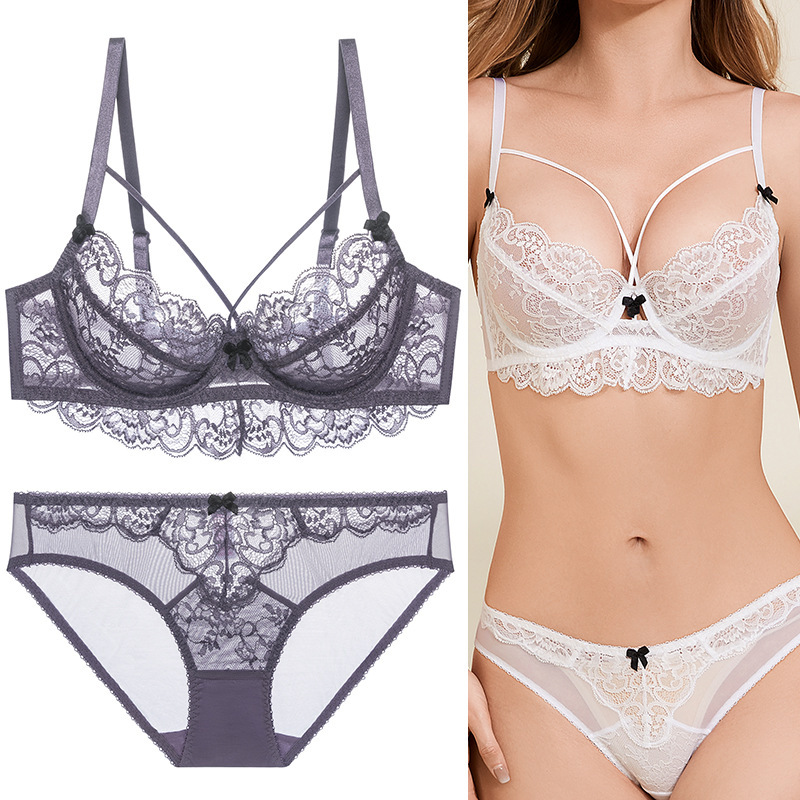 French-Style Bra, Plus-Size Women's Lace Bow Bra with Shoulder Straps, Can Be Worn Outside, Enhances Bust Appearance, Makes Bust Look Smaller, Sexy Lingerie and Underwear Set