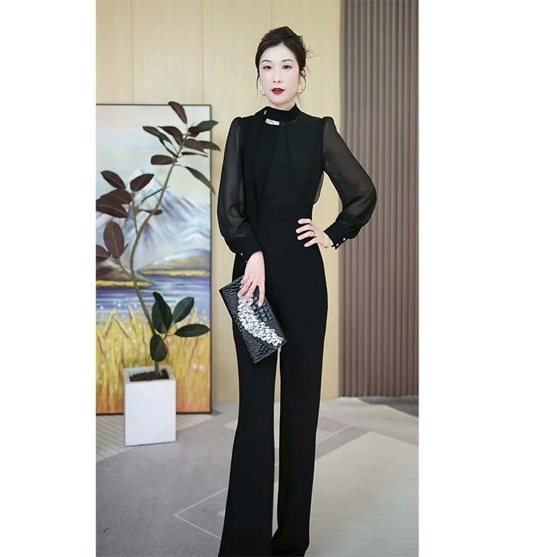 Casual Style Spring and Autumn Black Elegant Straight-Leg Pants Long-Sleeve Jumpsuit Slimming Simple Fashion Commuter Jumpsuit for Women