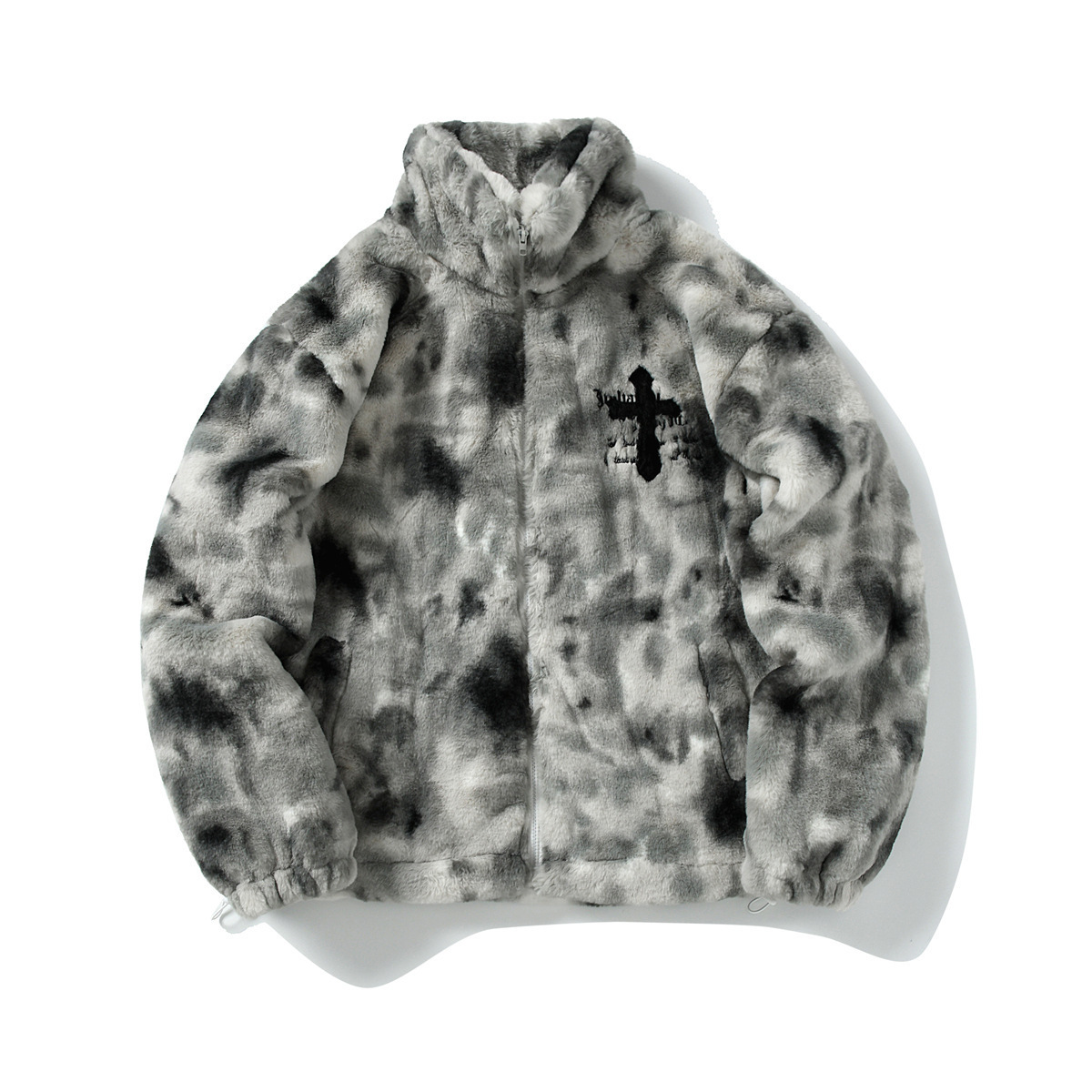 跨境潮牌扎染毛绒绒字母绣花仿兔毛外套男女宽松情侣休闲棉服