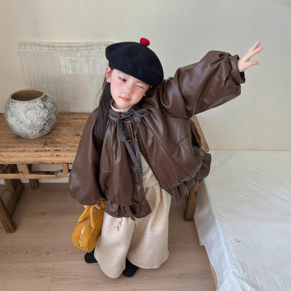 女童冬款外套韩版甜酷风皮衣新款女宝设计感夹棉加厚保暖花苞外套