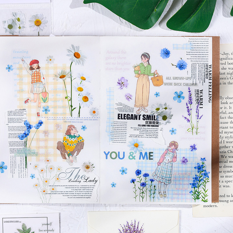 Cuenta de mano pegatinas para mascotas papel Net serie de sal roja Planta Fresca mano cuenta Material pegatinas decorativas retro flor DIY pegatinas