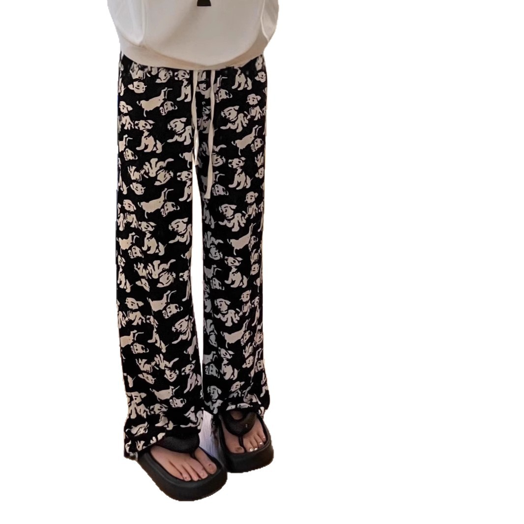 2025 nuevo estilo de seda de hielo lindo cachorro pantalones casuales de pierna ancha pijama primavera y verano transpirable estilo fino simple y versátil ins
