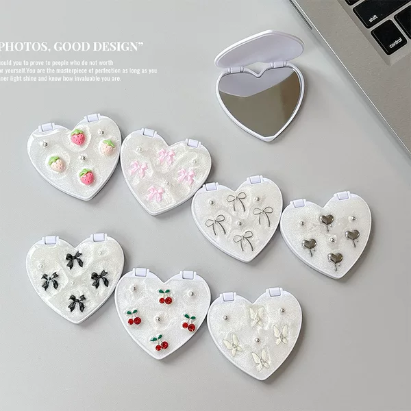 Love Glue Cherry Glitter Mobile Phone Mirror Sticker Flip Makeup Mirror Strawberry Bow Tie Desktop Support Decoration Women's Model