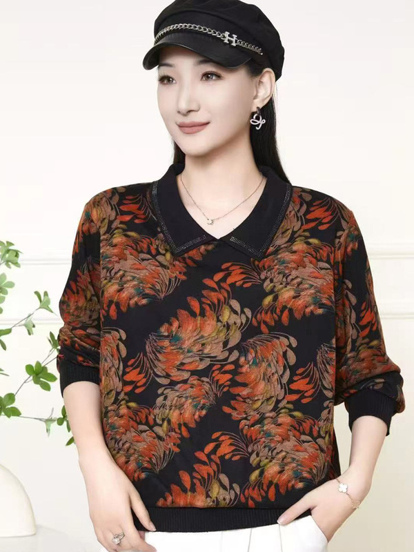 中老年女装2025秋装新款长袖T恤小衫大码宽松妈妈装春秋带领洋气|undefined