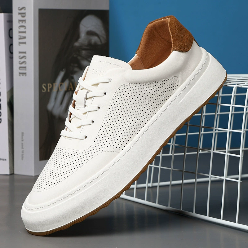 Производители напрямую поставляют дышащую кожаную обувь для перфорированной доски для мужчин модные маленькие белые туфли Летняя новая мужская обувь дикая повседневная обувь