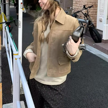 韩系风初秋正肩麂皮短款浅卡其外套女2025新款小个子百搭简约女装