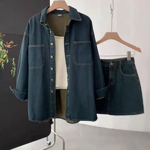 Collar, long-sleeved shirt, short skirt, women's autumn new style, Hong Kong-style, seasonal trend, two-piece denim suit