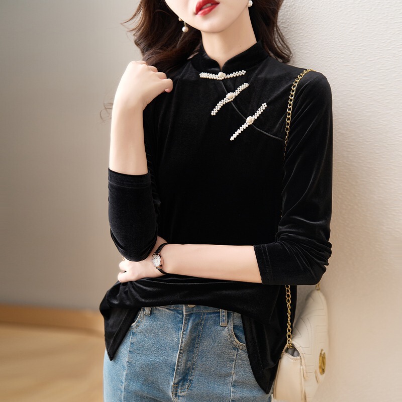 Chinese style retro slant button gold velvet shirt women's autumn and winter new improved cheongsam base shirt stand collar top
