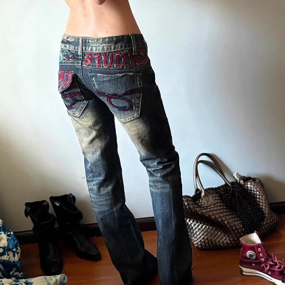 Vintage Low-Rise Distressed Jeans For Women - Y2k Style With Heavy Embroidery, Baggy & Long Straight Leg Denim Pants_ecoleips.com
