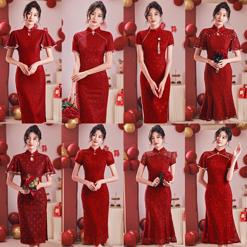 Red Lace cheongsam toast bride wedding dress Chinese Dresses Retro Qipao the new engagement dress female Chinese style wedding lace dress 