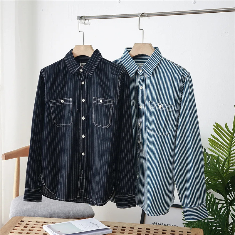 American Retro Work Shirt,High Quality Spring And Autumn Men's Vertical Striped Work Shirt,Long-sleeved Shirt For Outer Wear