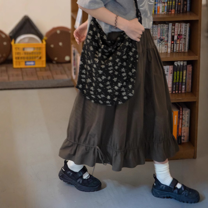 Milk Rabbit - Self-Made Cotton A-Line Skirt with Drawstring Hem for Women, 2026 New Style, Elastic Waist, Long Umbrella Skirt, Planet Design Milk Rabbit - Self-Made Cotton A-Line Skirt with Drawstring Hem for Women, 2026 New Style, Elastic Waist, Long Umbrella Skirt, Planet Design