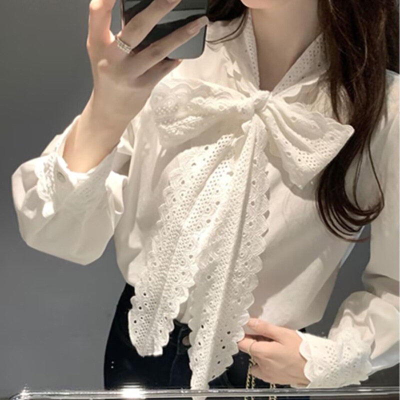 French-Style Gentle Lace White Shirt for Women, 2026 Spring New Style, Ribbon Top for Layering, Inner Wear, Cotton Base Shirt