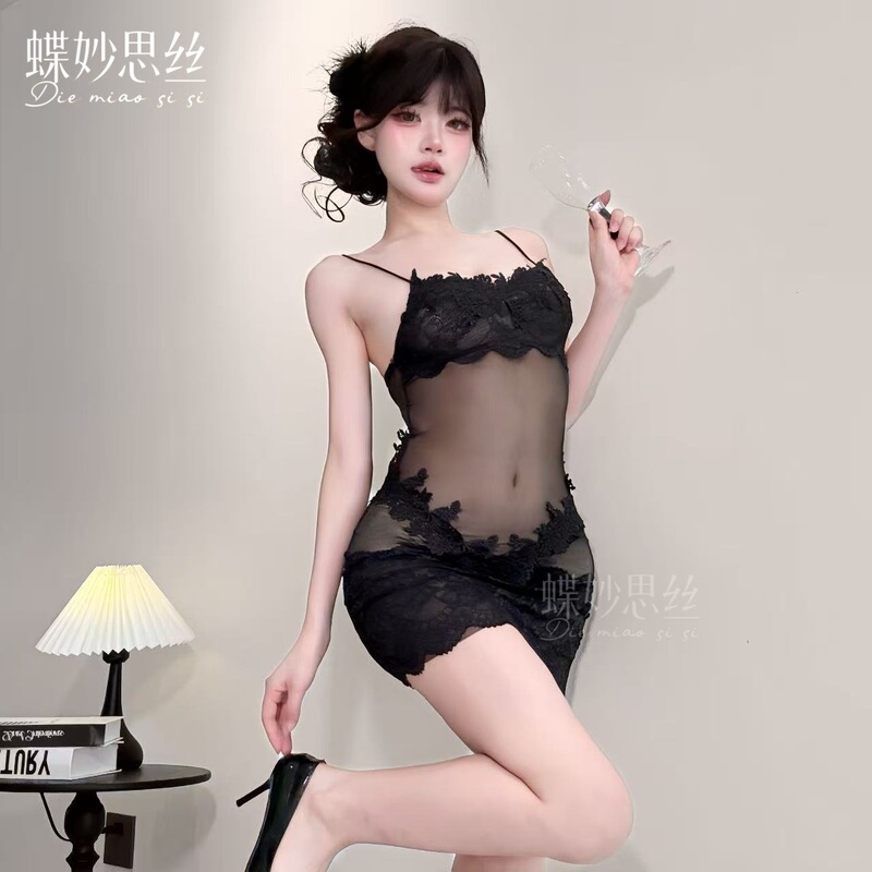 Diyi Miao Si Sexy Lingerie Pure Desire Vacation French Style See-Through Lace Mesh Strap Bodycon Dress A1084
