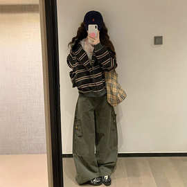 美式复古拼接条纹开衫拉链卫衣女秋季宽松设计感显瘦百搭慵懒外套