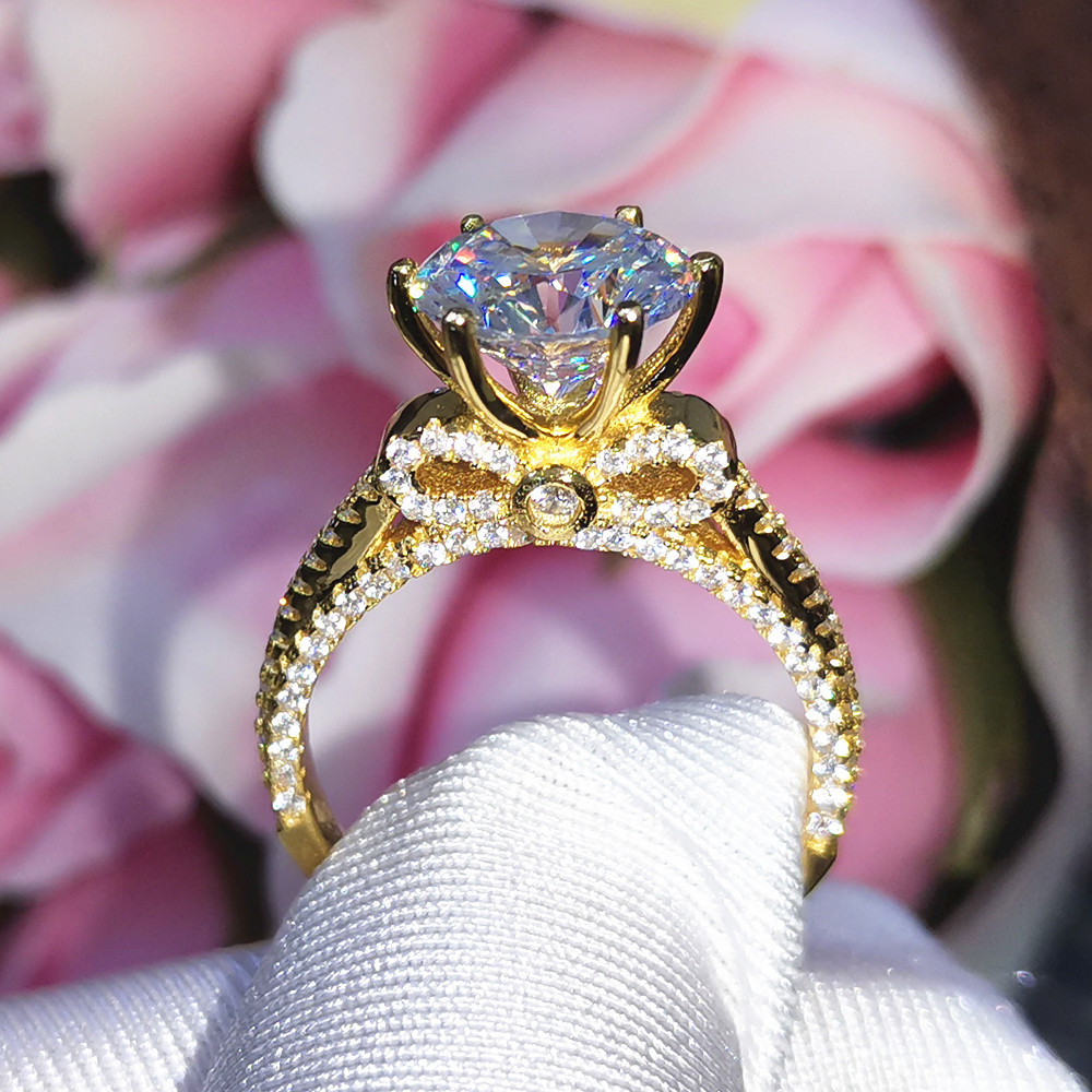 European and American cross-border 3 Karat-inch diamond sterling silver s925 bow engagement ring New light luxury six-claw diamond ring for women