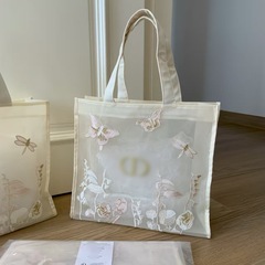 迪官网赠礼l蝴蝶刺绣网纱托特包重工款 透明网纱单肩包高级感