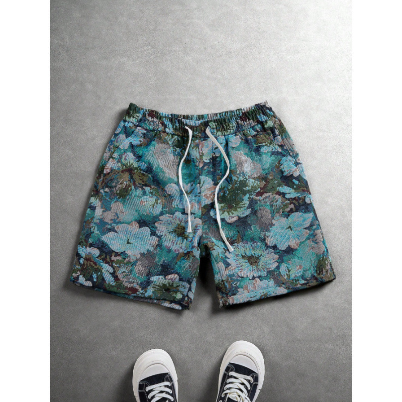 2026 Cross-Border American Retro Jacquard Fashion Lake Blue Summer Casual Shorts Vacation Beach Loose Floral Pants