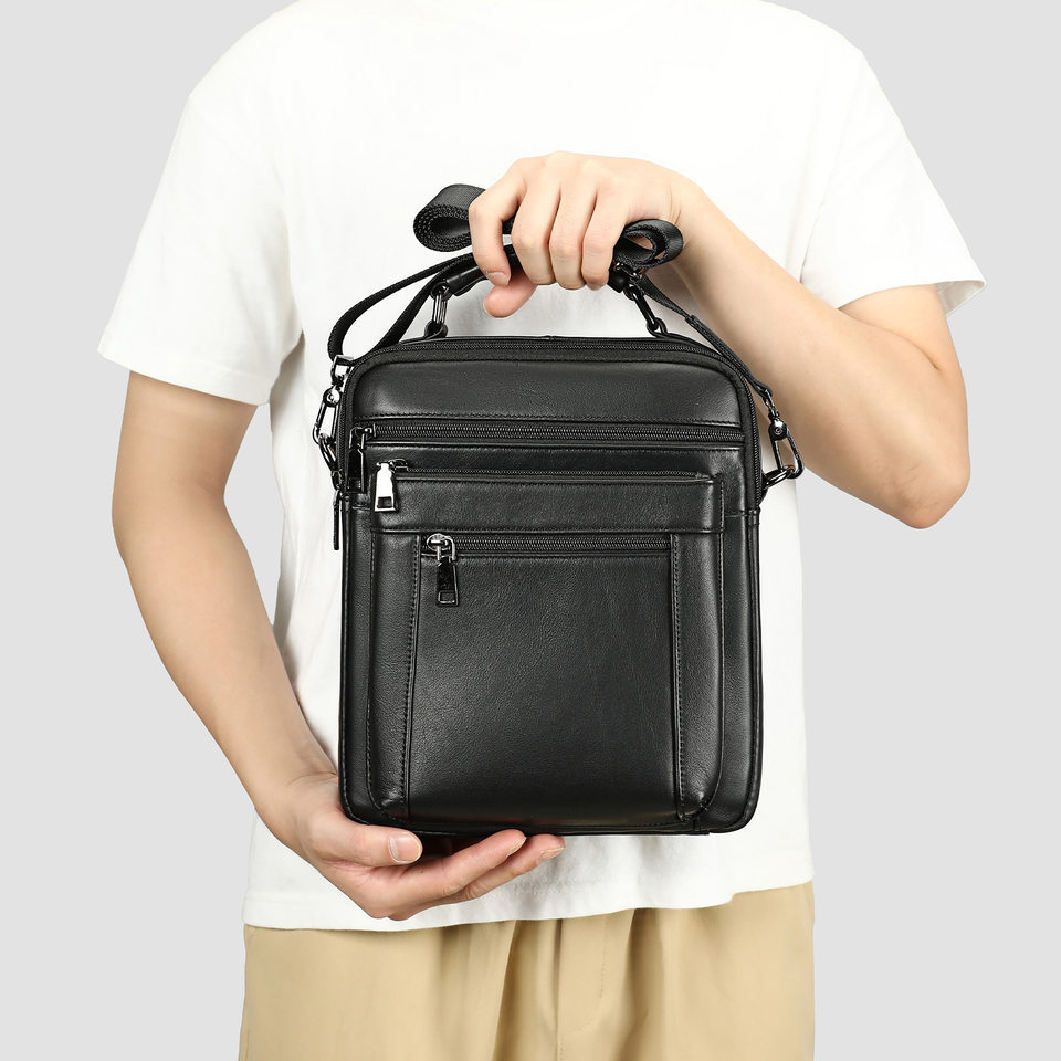 Túi đeo chéo nam da bò thật Marunte da bò lớp đầu tiên dung lượng lớn, đựng vừa iPad 9 inch — màu đen