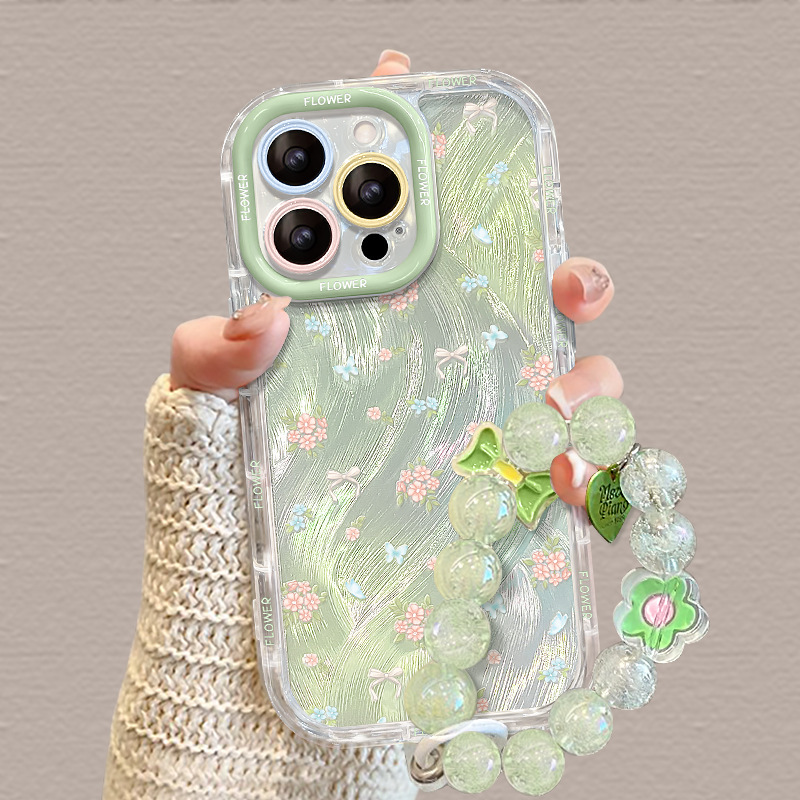 Ins Floral Bracelet Iphone17 Apple Feather Yarn Mobile Phone Case 15 Small Fresh 14 Fine Hole All-Inclusive 16Pro Green