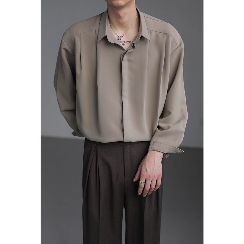 Korean Style Loose Solid Color High-grade Draped Long-sleeved Shirt Men's Spring and Autumn Top Fashionable Hot-looking Non-ironing Shirt Korean Style Loose Solid Color High-grade Draped Long-sleeved Shirt Men's Spring and Autumn Top Fashionable Hot-looking Non-ironing Shirt