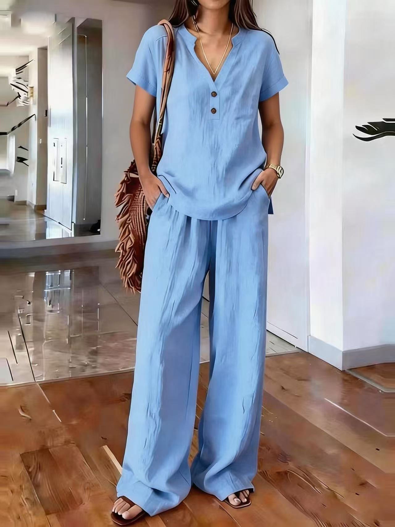 Women's Clothing Women's Casual Cotton Linen Top And Wide Leg Pants Set V Neck Button Up Old Money Style Solid Color_ecoleips.com