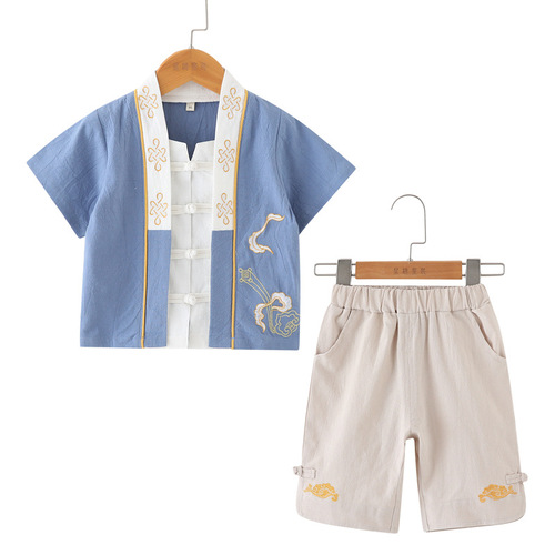 Children's Tang suit summer short-sleeved Tang suit for boys, cotton and linen Hanfu top, five-point pants, retro Confucianism kindergarten clothing