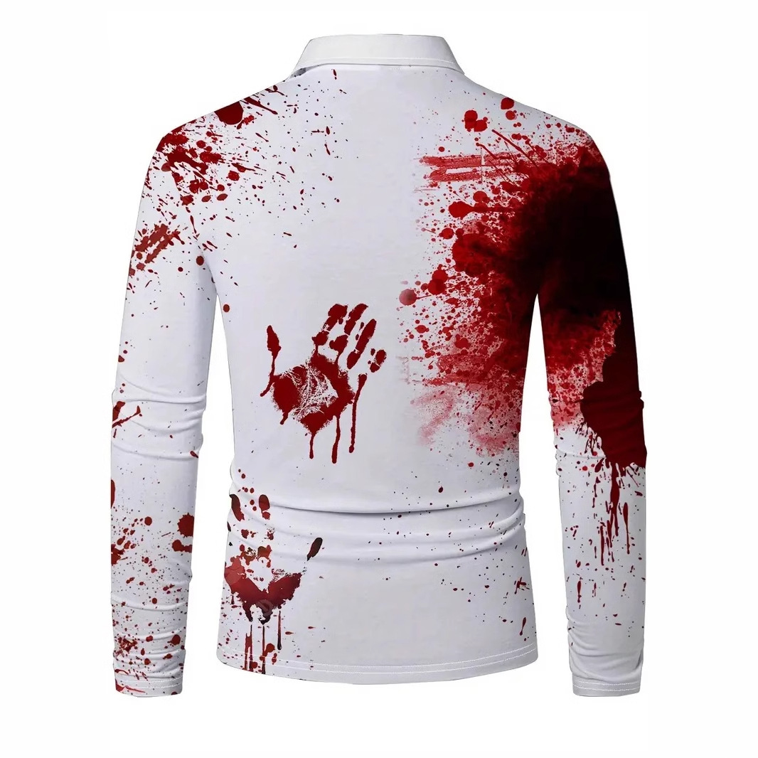 Divertido y divertido estampado de palma manchado de sangre impresión 3D personalidad de la calle de los hombres camisa POLO de manga larga transpirable de malla suelta