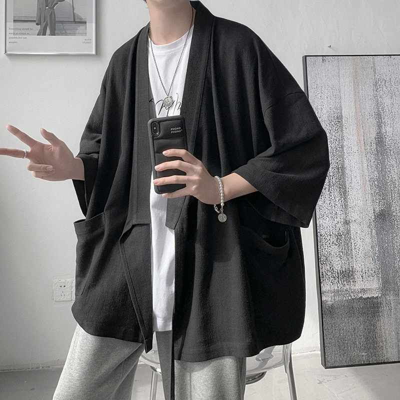Cotton Linen Shirt Men's Summer Thin Seven-Sleeve Wind Robe Retro Casual Loose Fairy Shirt Jacket