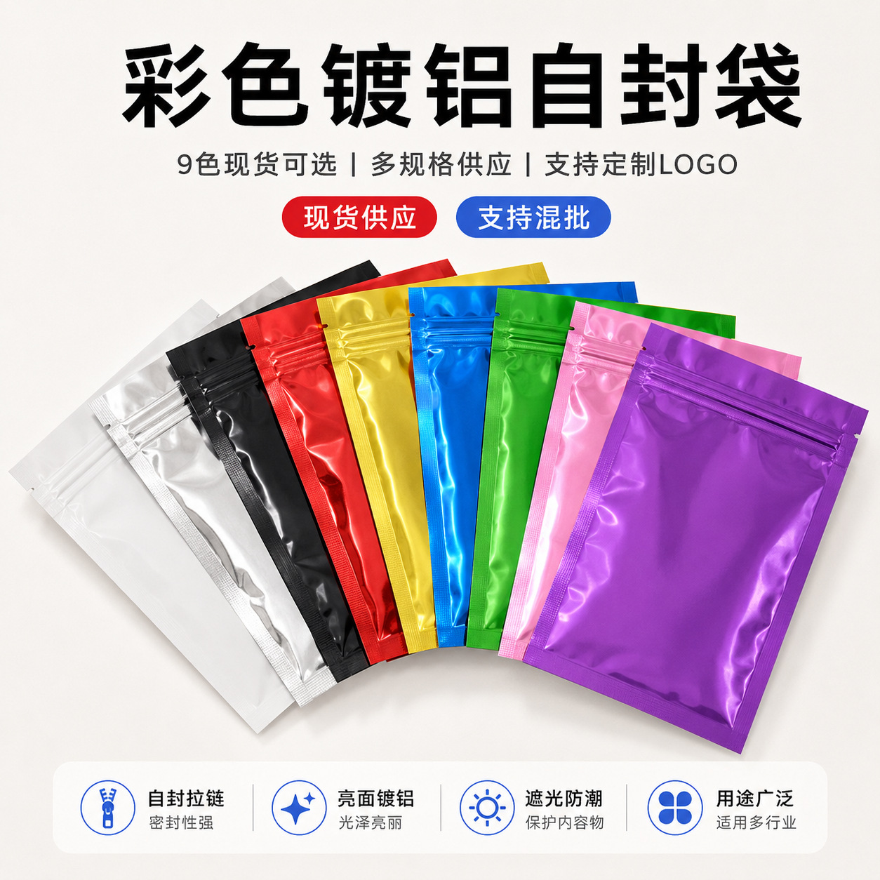 Bolsa ziplock de papel de aluminio de color brillante de doble cara bolsa de muestra aluminizada bolsa de embalaje de alimentos cosméticos en polvo
